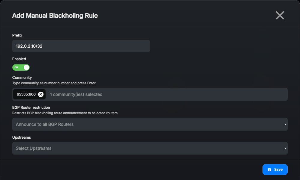 Manager 1.3.0 Add manual blackholing rule form