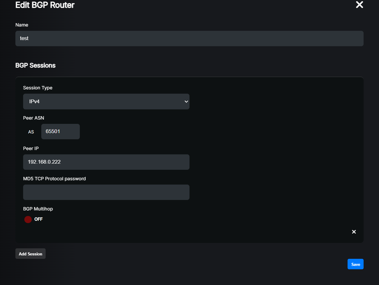 BGP peer configuration dialog