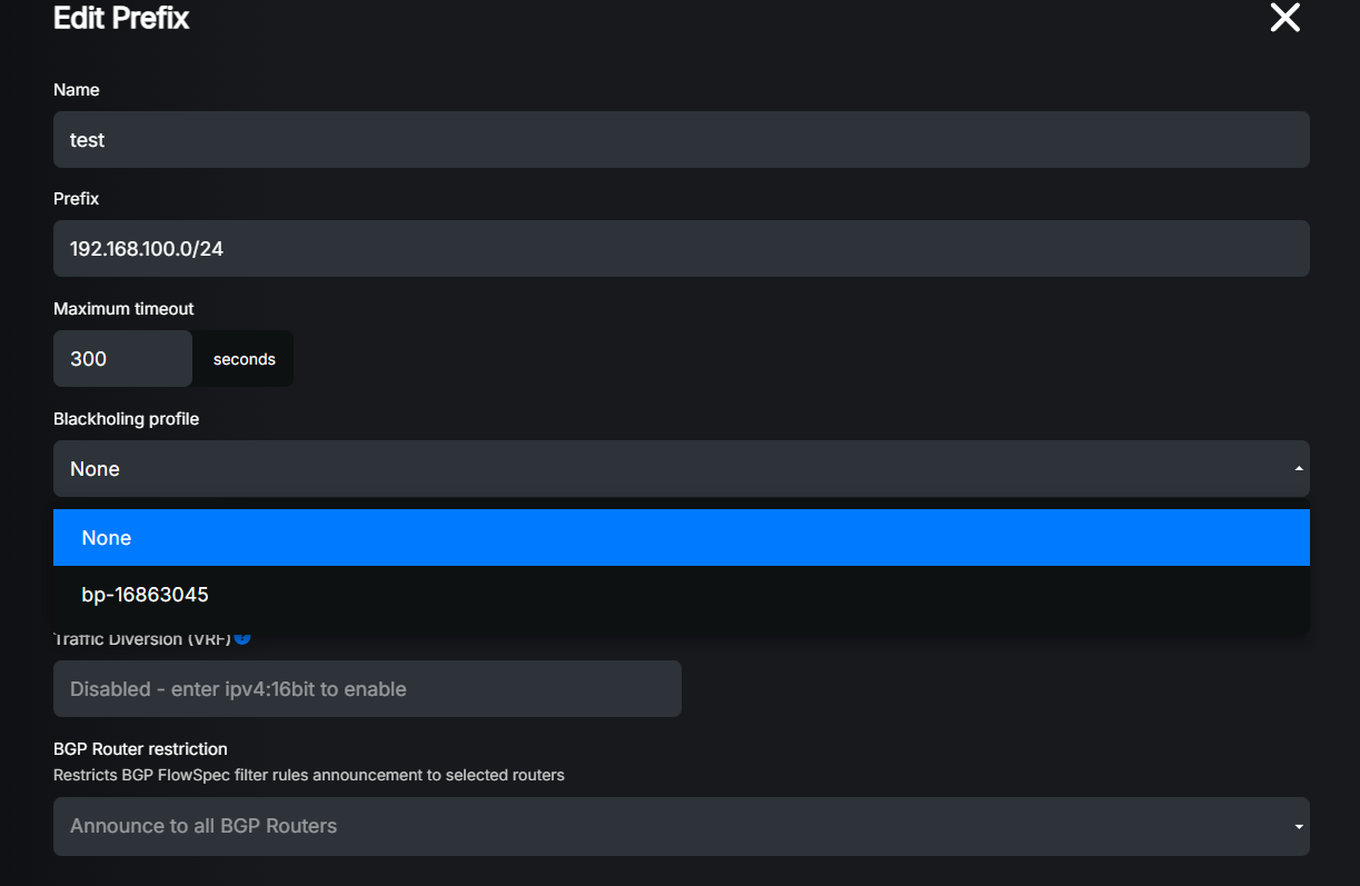 Attach blackholing profile to prefix