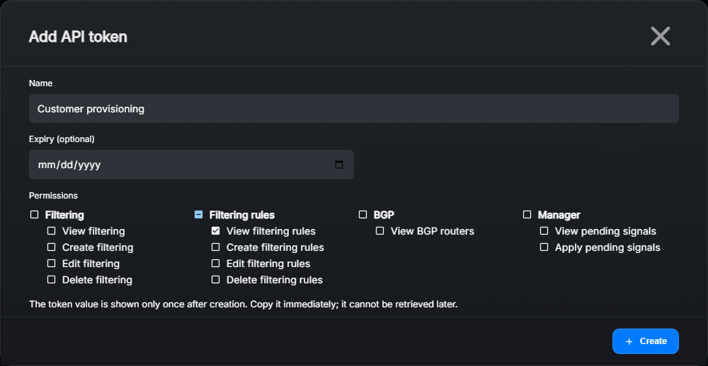 Manager 1.3.0 Create API token form with permissions and expiry