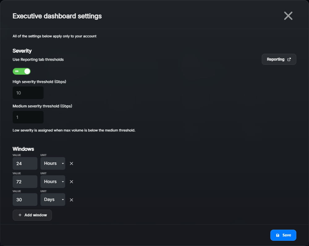 Executive dashboard settings with severity thresholds and window presets