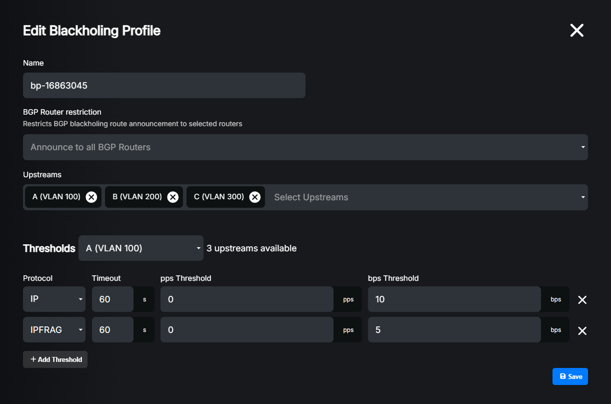 Selective blackholing thresholds example
