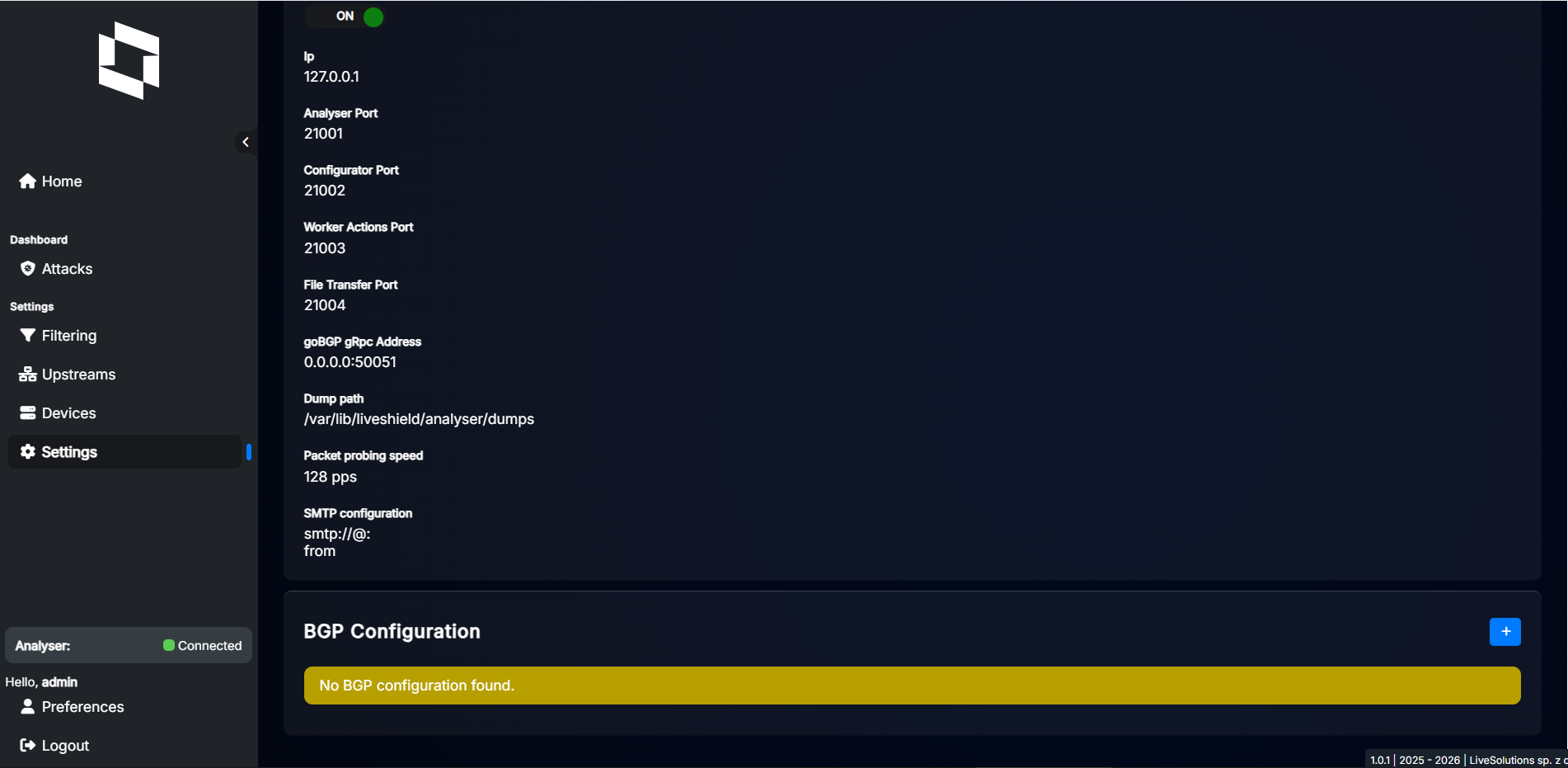 BGP Analyser settings page